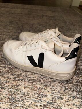 Veja Women’s White Leather Sneakers with Black V Logo